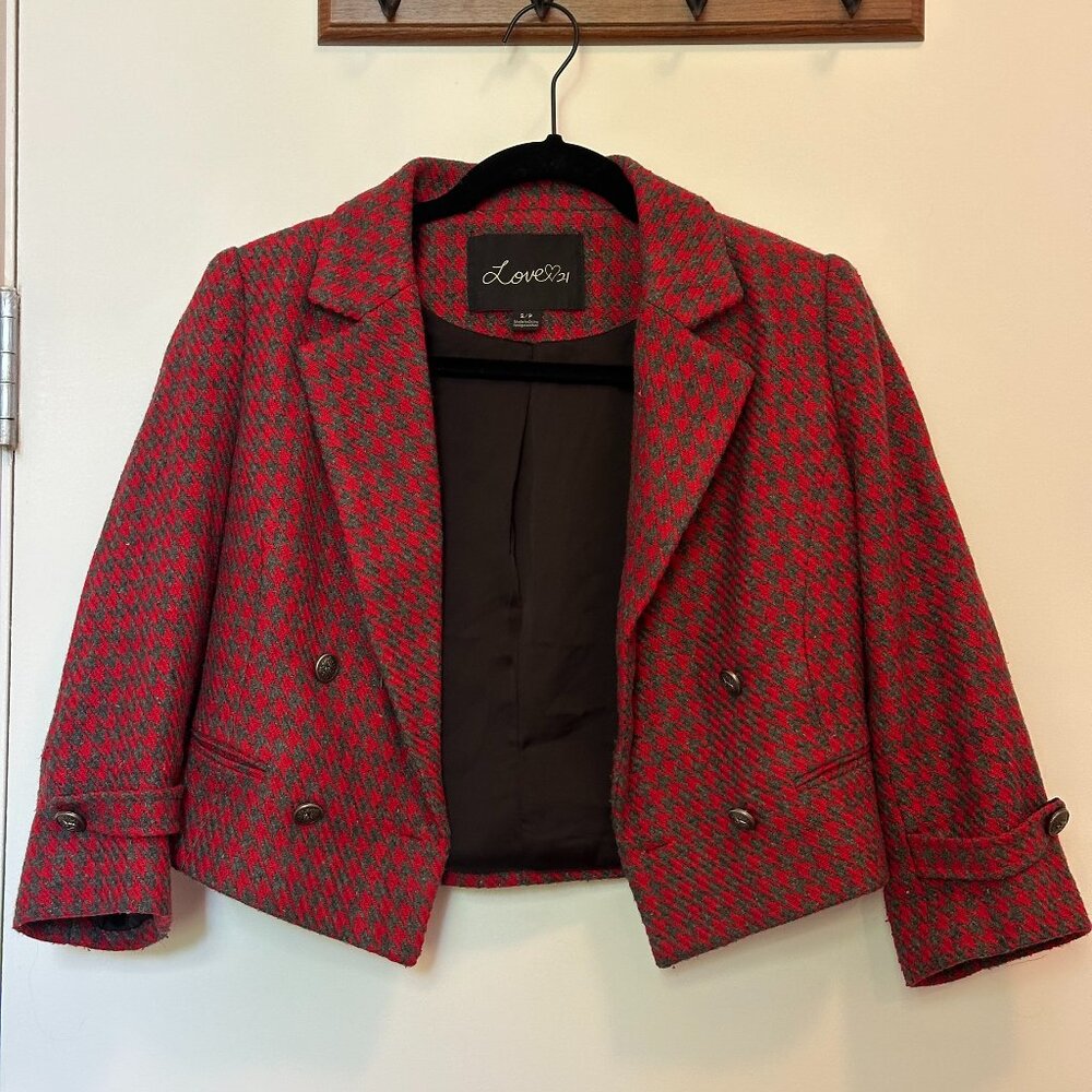 Love 21 Red & Gray Houndstooth Cropped Peacoat